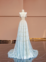 Light blue gradient strapless fitted long ball gown R8404