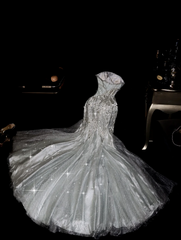 White strapless rhinestone-embellished fitted long ball gown R7019