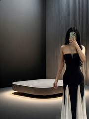 Black strapless fitted waist elegant ball gown with white skirt R8045