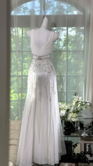 White halter-neck, fitted waist, bodycon fishtail long ball gown R7615