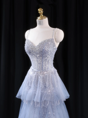 Light blue halter-neck fitted long ball gown R8926