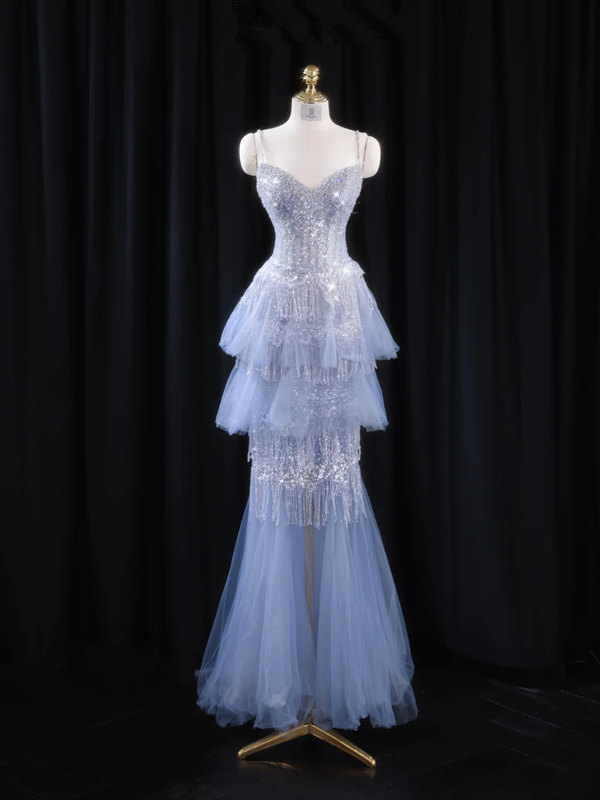 Light blue halter-neck fitted long ball gown R8926