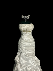 White strapless, fitted waist, pleated, full skirt, long ball gown R6660