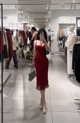 Red spaghetti strap waist-cinching slim-fit bodycon sexy prom dress R7926
