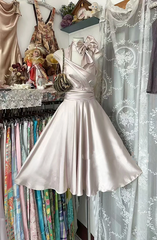 Light champagne halter neck fitted waist full skirt ball gown R7499