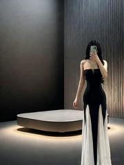 Black strapless fitted waist elegant ball gown with white skirt R8045