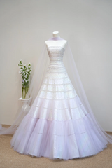 White strapless fitted waist slim-fitting long ball gown with a purple full skirt R8897