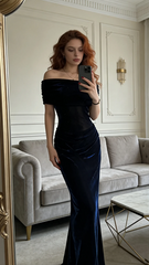 Dark blue off-the-shoulder fitted waist bodycon long ball gown R9047