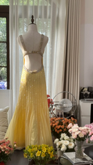 Light yellow halter-neck fitted backless sexy long ball gown R7767