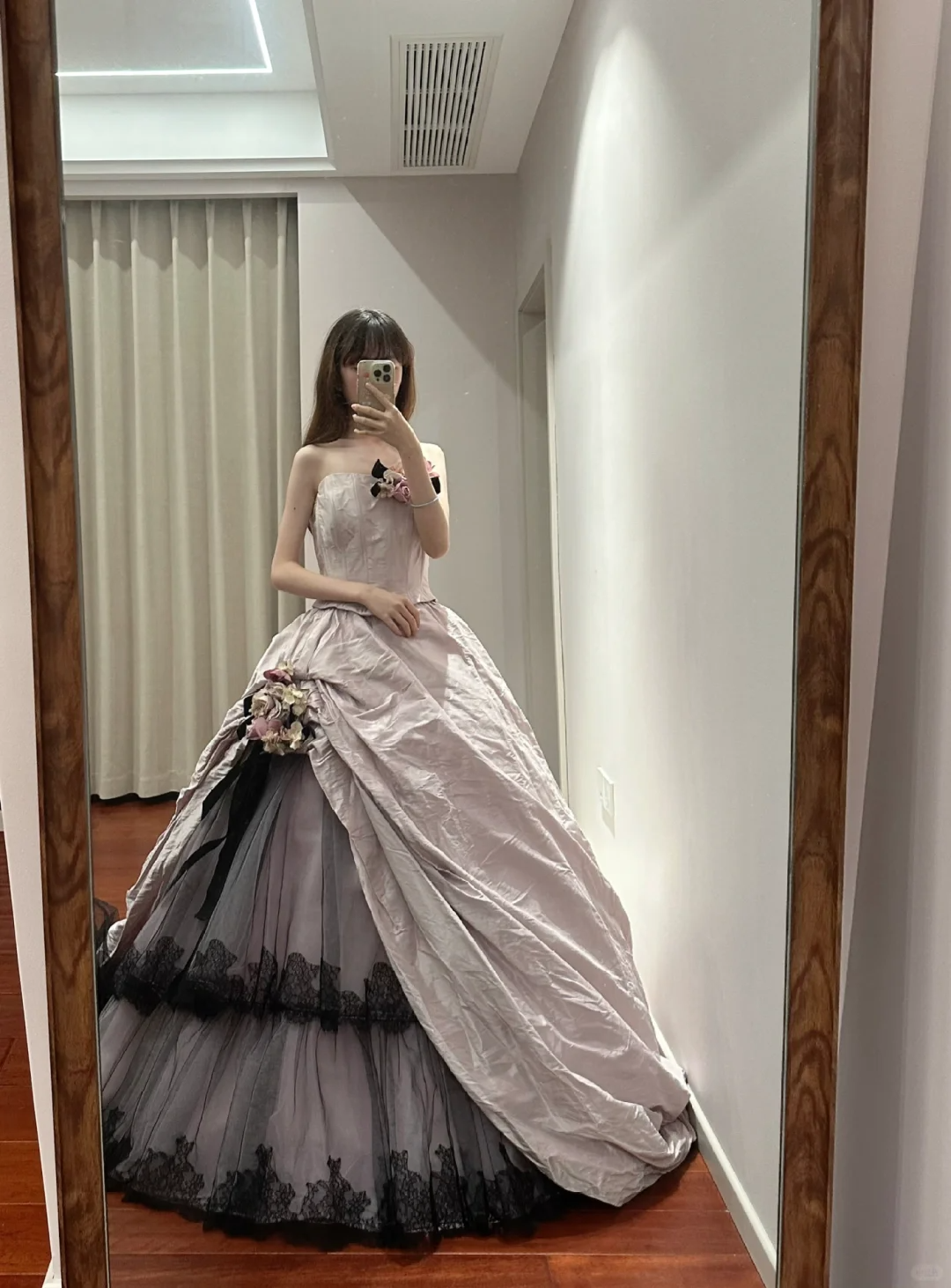 Light pink strapless, fitted waist, full skirt, long ball gown R8837