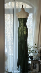 Dark green halter neck fitted waist long ball gown R7696