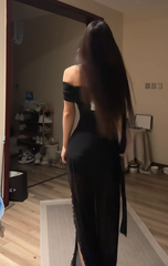Black off-the-shoulder fitted waist slimming slit sexy long ball gown R8090