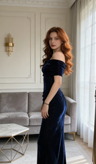 Dark blue off-the-shoulder fitted waist bodycon long ball gown R9047