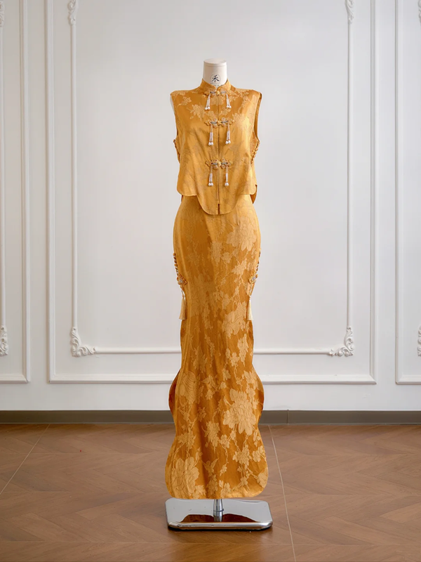 Gold sleeveless fitted waist bodycon skirt suit for prom dress R8175