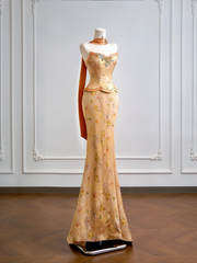 Gold strapless fitted top and hip-hugging sexy skirt set, long ball gown R8155