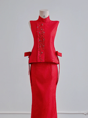 Red sleeveless fitted waist top and sexy bodycon skirt set for a ballroom gown R8176