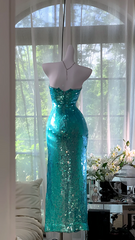 Lake blue strapless, fitted waist, sequined, bodycon long ball gown R7617