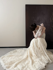 White halter neck lace waist slim elegant fishtail sexy long dress bridal gown R6063