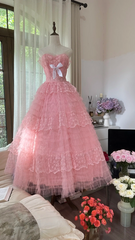 Pink strapless, fitted waist, puffy cake skirt, long ball gown R7768