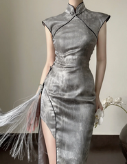 Gray sleeveless Chinese‑collar waist‑cinched slim‑fit bodycon elegant slit prom gown R8007