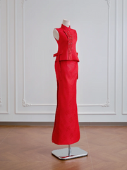 Red sleeveless fitted waist top and sexy bodycon skirt set for a ballroom gown R8176
