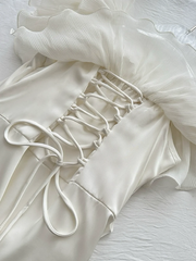 White off-the-shoulder ruffled maxi dress, fitted waist, ball gown R6223
