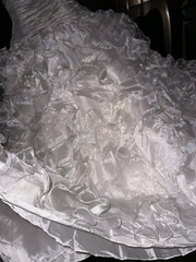 White strapless, fitted waist, pleated, elegant, fairy-like long ball gown R6901