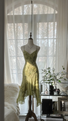Light green halter-neck fitted midi ball gown with an asymmetrical hem R7697