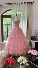 Pink strapless, fitted waist, puffy cake skirt, long ball gown R7768