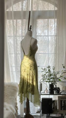 Light green halter-neck fitted midi ball gown with an asymmetrical hem R7697
