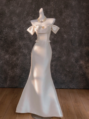 White satin one-shoulder slim waist hip fishtail long dress bridal gown R5788