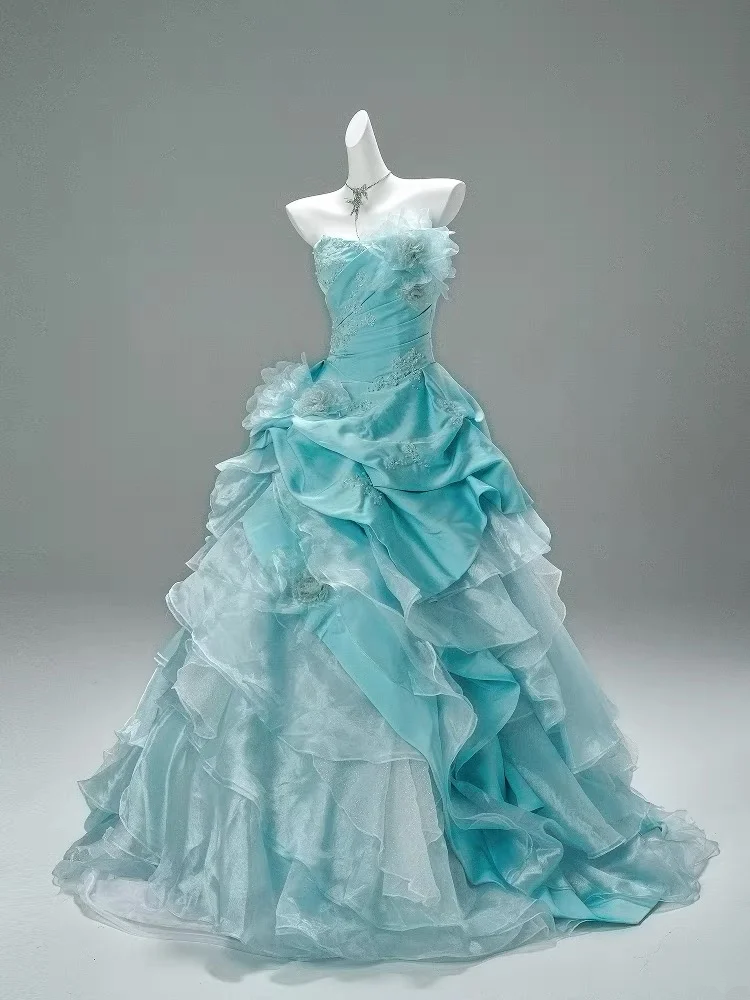 Lake blue tube top waist slim fit puffy long dress bridal gown R5750