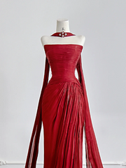 Deep red strapless fitted waist pleated long sexy ball gown R8177