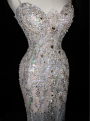White suspender sequined diamond waist slim hip long skirt, prom dress R5632