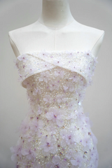 White strapless fitted waist long ball gown with purple floral maxi skirt R8899