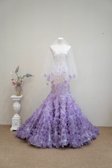 White strapless fitted waist long ball gown with purple floral maxi skirt R8899