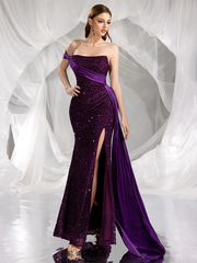 Purple strapless sequined fitted waist bodycon long sexy ball gown R8869
