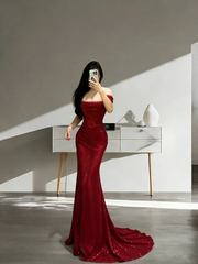 Red off-the-shoulder fitted waist slim-fitting long sexy ball gown R8048