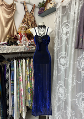 Retro blue halter-neck fitted bodycon dress, ball gown R6365