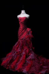 Burgundy strapless fitted waist long sexy and elegant ball gown R8687