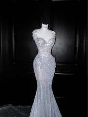 White suspender sequined waist slim hip fishtail long skirt, prom dress R5669