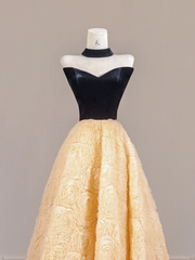 Black strapless bodice with apricot rose floral skirt, long ball gown R8264