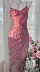 Light pink gradient halter top, fitted waist, elegant tassel skirt, ball gown R7658