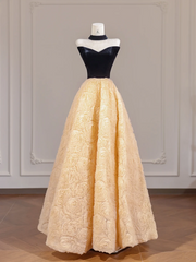 Black strapless bodice with apricot rose floral skirt, long ball gown R8264