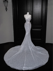 White suspender sequined waist slim hip fishtail long skirt, prom dress R5669