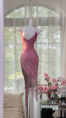 Light pink gradient halter top, fitted waist, elegant tassel skirt, ball gown R7658