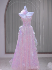 Pink Strapless Sequined Waist Slim Fit Cute Ball Gown Bridal Dress R5866