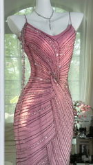 Light pink gradient halter top, fitted waist, elegant tassel skirt, ball gown R7658