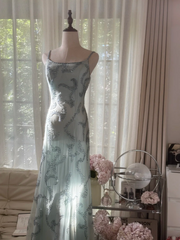 Light gray-blue halter-neck fitted waist sexy long ball gown R7770