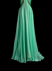 Green halter-neck, fitted waist, sexy long ball gown R6624